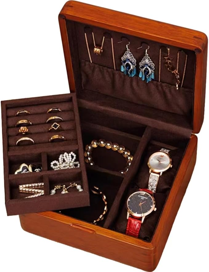 Bescott 2 Layer Solid Wooden Jewelry Box for Women Real Wood Vintage Jewelry Organizer Storage for Earrings Rings Necklaces Bracelet Watch Men