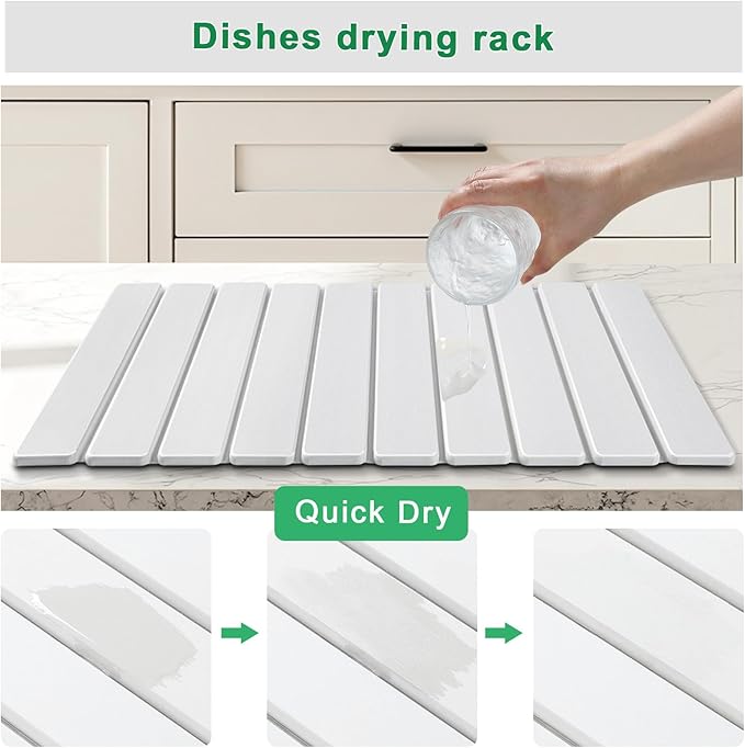 Stone Drying Mat for Kitchen Counter, Large Foldable Diatomaceous Earth Dish Drying Rack, Absorbent Diatomaceous Quick Dry Stone Mat Kitchen Dishes Bottles Cups Bathroom Any Countertop 24"(L)×16"(W)