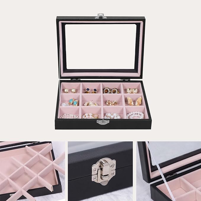 Stratalife 12-Slot Earring Organizer Box Detachable Jewelry Holder for Women & Girls Velvet Lined Earring Case with Lid Compact Jewelry Storage for Earrings Rings and Charms Black Pink