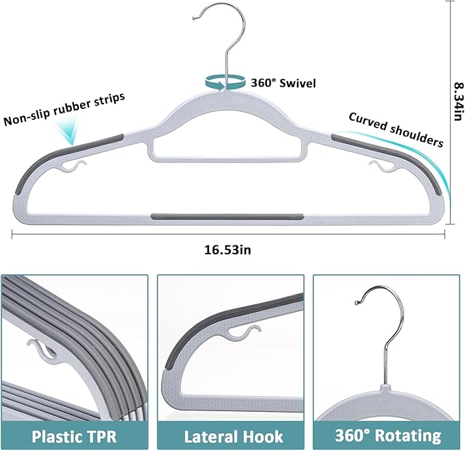 Pack of 30 Coat Hangers, Space-Saving Plastic Clothes Hangers, Non-Slip, 0.2 Inches Slim, 360° Swivel Silver Hook for Shirts, Pants, Suit & Wet/Dry Garments, Light and Dark Gray