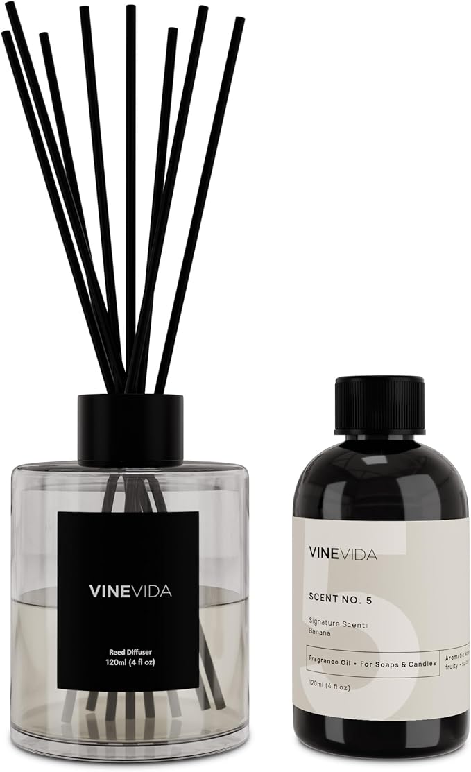 VINEVIDA Scent NO. 5 Reed Diffuser - 120mL (4oz) - Signature Scent: Banana, Reed Diffusers for Home, Office, Bathroom, Made in USA Scent Diffuser Sticks, Room Fragrance Diffuser