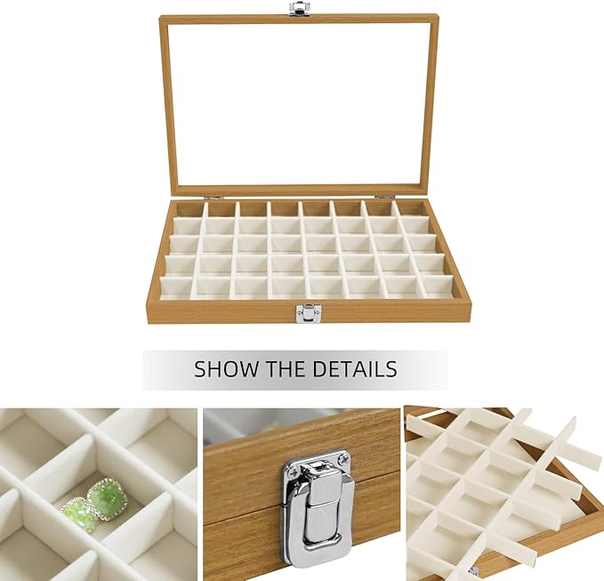 Stratalife Jewelry Organizer 40 Grid Jewelry Trays with Clear Lid Wood Earring Organizer Ring Holder Accessories Box Necklaces Earrings Storage for Women Drawers Vintage Style Beige