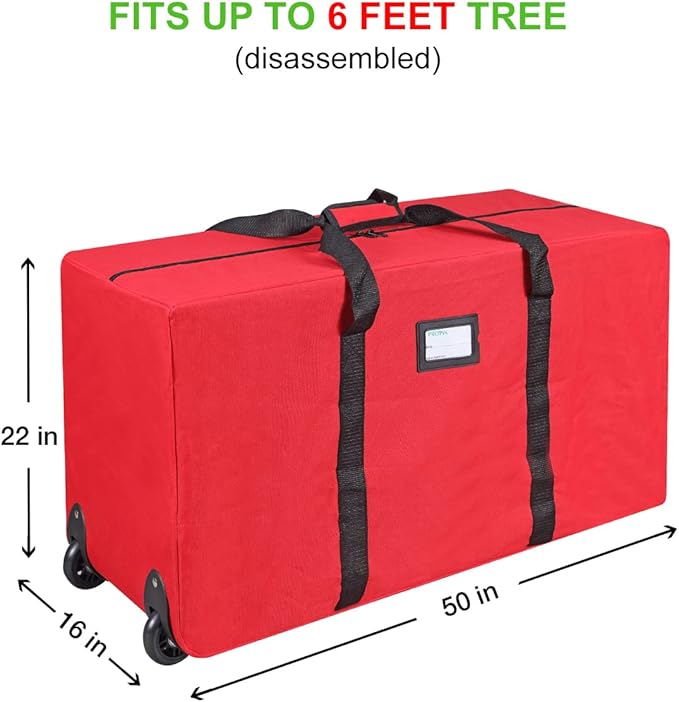 ProPik Holiday Rolling Tree Storage Bag | Fits Up to 6 ft. Tall Disassembled Christmas Tree | 22"x16"x 50" | Large Heavy Duty Xmas Storage Container with 2 Wheels & Handles | 600D Oxford (Red)