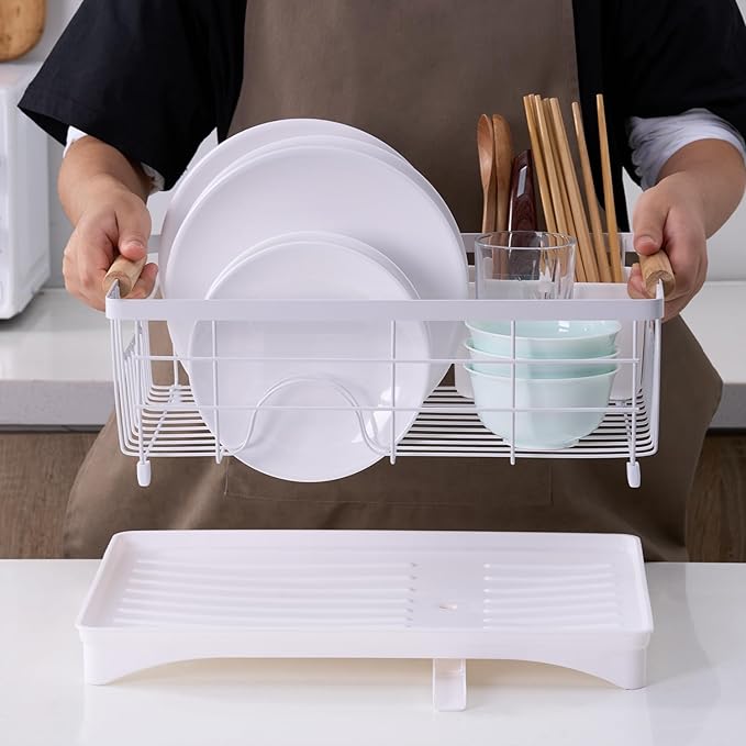 AppleTofu Dish Drainer Rack - Plate, Cutlery, Pots, and Pans Drying Rack for Kitchen with Beechwood Handles - Modern Retro Design Drip Tray with Metal Rack - White