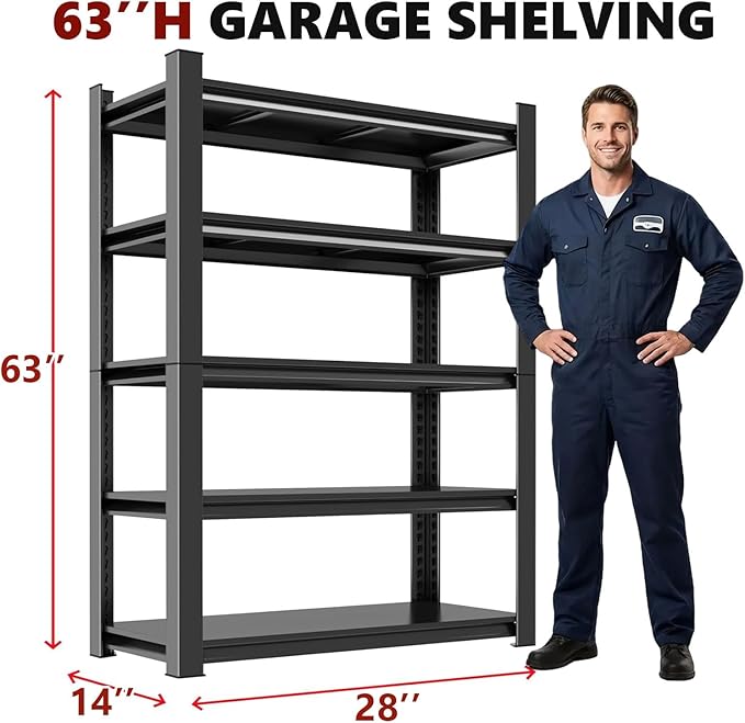 Notmise Garage Shelving Black Industrial Storage Unit 5-Tier 2900Lbs, Heavy Duty Adjustable Metal Shelves for Garage, Warehouse and Basement (63" H x 28" W x 14" D)