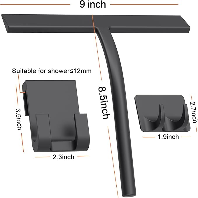 Anlynwooh All -Purpose Silicone Shower Squeegee for Shower Glass Door with Hook, Bathroom Accessories for Window Mirror Tile Car Shower Walls,Household Shower Cleaner Tool (Black, 9 inch(2hooks)