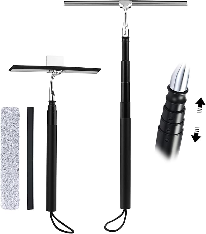 Eahwey 12-51’’ Telescopic Window Squeegee for High Windows, 2-in-1 Window Cleaning Kit with Extra Silicone Blade & Hook, Professional Squeegee for Shower Glass Doors, Car Windshield & Outdoor Use