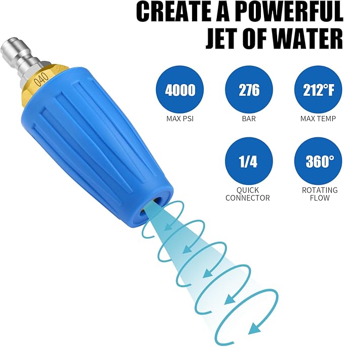 VORIGY 4000 PSI Blue Turbo Nozzle Pressure Washer Pressure Washer Tips 1/4" Quick Connect with 7 Power Washer Nozzle Tips Kit Multiple Degrees (0, 15, 25, 40, 65, Rinse1, Soap2) for Car Concrete Brick