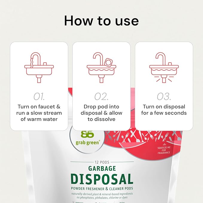 Grab Green Garbage Disposal Freshener and Cleaner Pods, 12 Count, Thyme with Fig Leaf Scent, Plant and Mineral Based, Removes Odors, Loosens Grime, Prevents Clogging