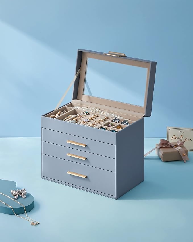 SONGMICS Jewelry Box Organizer with Glass Lid, 4-Layer Jewelry Storage, with 3 Drawers, Modern Style, 6 x 9.9 x 8.5 Inches, Smoky Blue and Gold Color UJBC161Q01