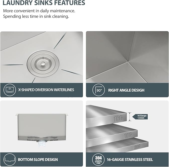 Lordear 23 Laundry Sink Stainless Steel 23" x 18" x 13" Undermount Sink Single Bowl 16 Gauge Stainless Steel Deep Laundry Room Utility Sinks Handmade Under Counter Basin