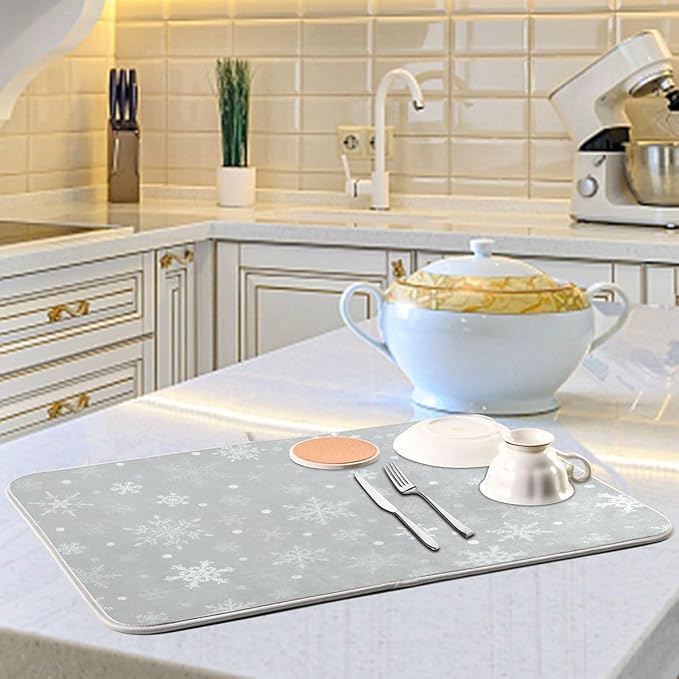 Christmas Gray Snowflake Dish Drying Mat for Kitchen Winter Snow Xmas Grey Microfiber Drying Mats Absorbent Reversible Dish Pad Large Dish Draining Mat 18x24 inch