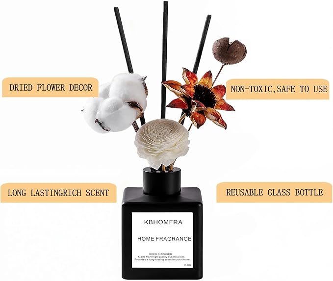 Reed Diffuser Set with Dried Flowers, Jasmine Gardenia Sandalwood Scent, Black Glass Bottle, 5.07fl oz, Aromatherapy Home Fragrance for Bedroom Bathroom (Sandalwood)