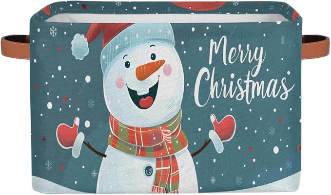 Storage Baskets Bin, Christmas Winter Snowman Collapsible Canvas Fabric Storage Bin Decorative Baskets Toy Organizer Rectangle Storage Boxes with Handles for Home Shelves Nursery, J-022