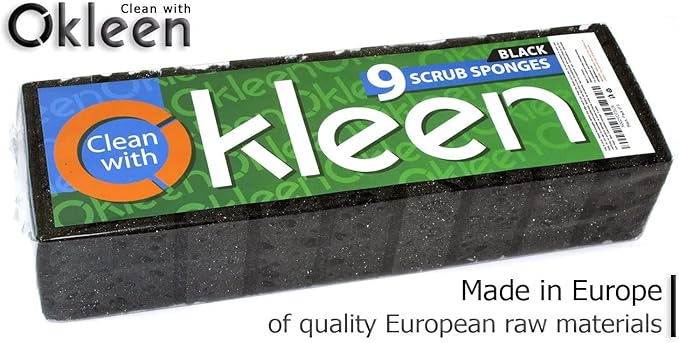 Okleen Black Multi Use Scrub Sponges. Made in Europe. 18 Pack, 4.3x2.8x1.4 inches. Heavy Duty Fiber. Odorless Durable Scrubber for Kitchen and Household Cleaning