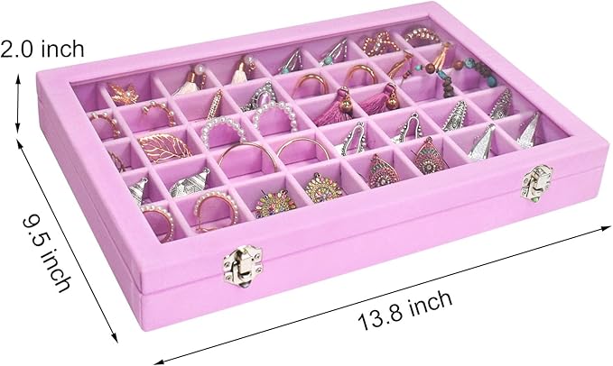 Velvet Jewelry Tray 48 Grid Jewelry Display Tray Organizer Box with Transparent Lid Rings Earrings Necklaces Pendants Display Box Suitable for Women and Girls (Pink)