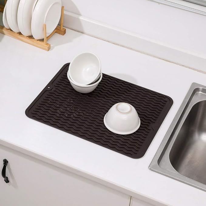 MicoYang Silicone Dish Drying Mat for Multiple Usage,Easy clean,Eco-friendly,Heat-resistant Silicone Mat for Kitchen Counter or Sink,Refrigerator or drawer liner Coffee L 16 inches x 12 inches