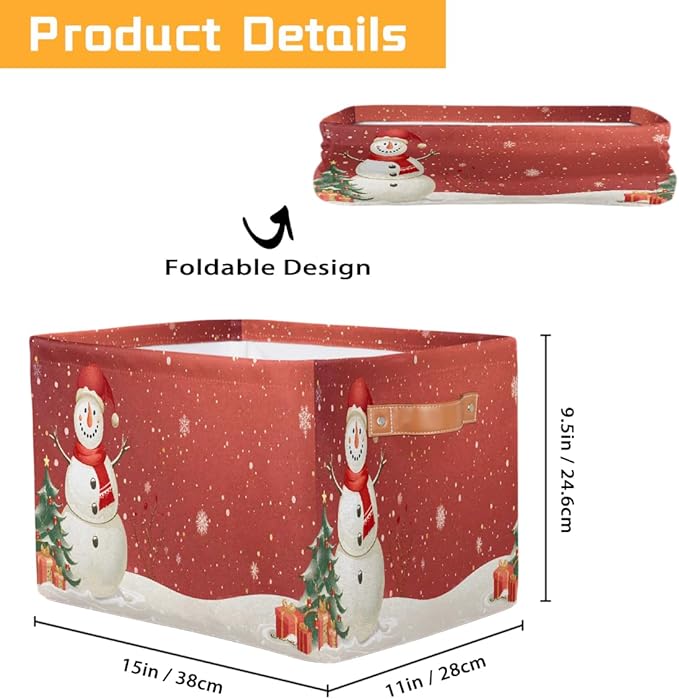 Storage Baskets Bin, Christmas Winter Snowman Collapsible Canvas Fabric Storage Bin Decorative Baskets Toy Organizer Rectangle Storage Boxes with Handles for Home Shelves Nursery, J-011
