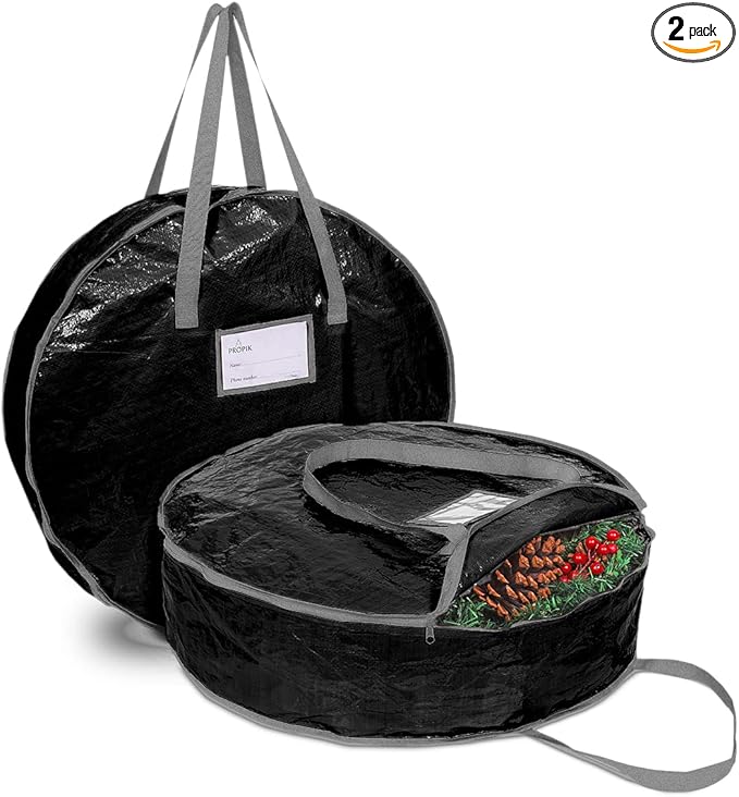 ProPik Christmas Wreath Storage Bag 24" - Garland Holiday Container with Tear Resistant Material - Featuring Heavy Duty Handles and Transparent Card Slot - 2 Pack (24 Inch, Black)