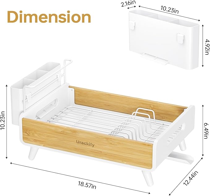 Urackify Dish Drying Rack for Kitchen Counter – Stainless Steel & Bamboo Dish Rack, Drying Rack Kitchen with Large Removable Utensil Holder, Dish Drainer with Auto-Drain Drainboard, White