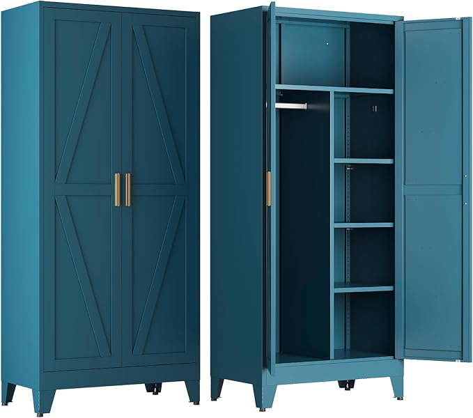 COFaR Metal Wardrobe Closet with Doors, 71'' Tall Steel Bedroom Armoire with Adjustable Hanging Rod and Shelves, Broom Closet Storage Cabinet for Garage Laundry Office, Farmhouse Peacock Blue