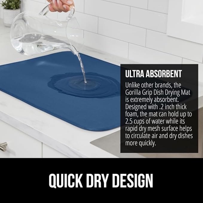 GORILLA GRIP Ultra Water Absorbent Microfiber Dish Drying Mat, Quick Dry Thick Mesh, Slip Resistant Pad for Sink Dishes or Under Rack, Kitchen Counter Accessories, Machine Wash, 18x16 Inch, Blue