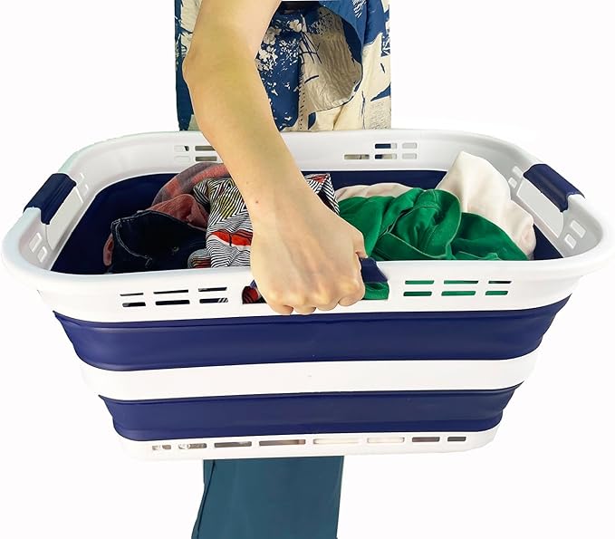 SAMMART 42L (11 Gallon) Collapsible Plastic Storage Basket - Foldable Pop Up Storage Container/Hamper - Portable Laundry Organizer - Space Saving (White/Starry Blue, 42L (Style A))
