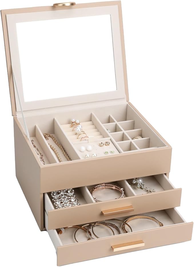 Elegant Gift Jewelry Box with Mirror - 3-Layer Organizer for Earrings, Rings, Necklaces, Ready to Give for Birthday Anniversary Christmas Apricot