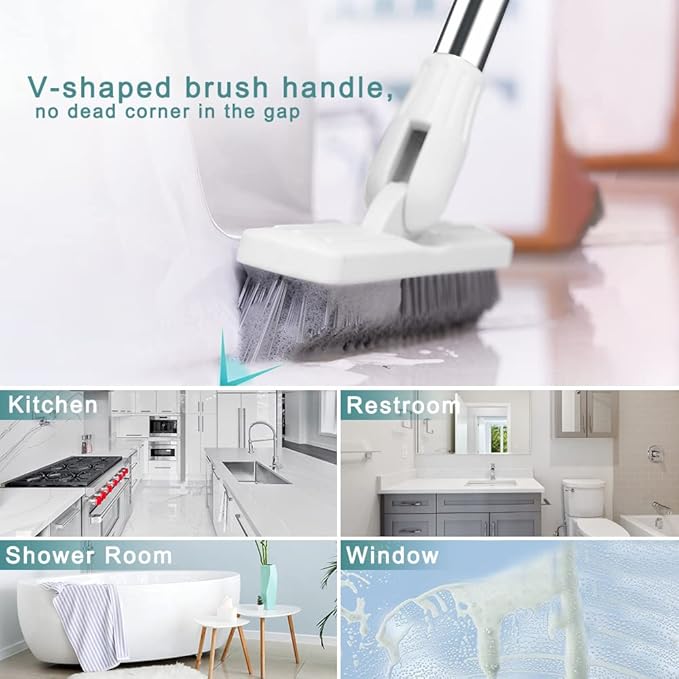 Affogato Floor Scrub Brush Bathroom Long Handle Bathtub Push Broom Shower Tile Grout Scrubber Rotatable Indoor Kitchen Crevice Cleaning Brush for Hard to Reach Areas - White 46.8inches Lengthen