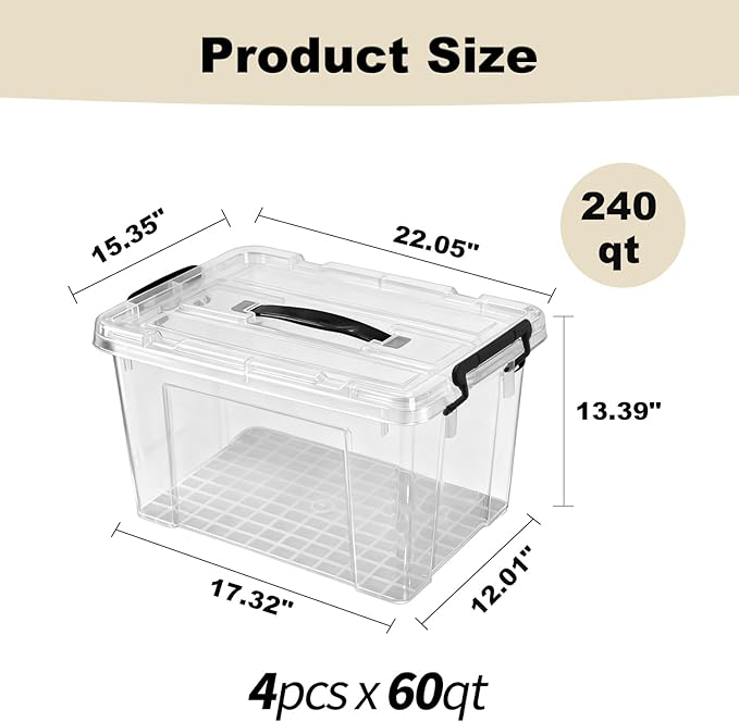4 Pack Clear Storage Bins with Lids, 60 Qt-Stackable Plastic Organizer for Home, Office, Garage, BPA-Free, Heavy-Duty, See-Through Containers with Secure Latches & Handles