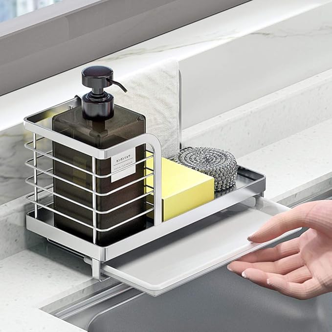 MINGFANITY Kitchen Countertop Dish Soap and Dishwashing Brush Holder, SUS 304 Stainless Steel Sponge Organizer, Basket for Cleaning and Scrub Tool, Kitchen Sink Brush Caddy Holder