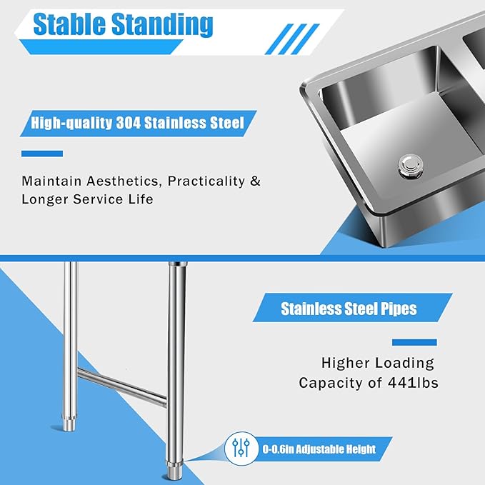 3-Basin Commercial Dishwashing Sink, 4Gal Stainless Steel Utility Sink, Heavy Duty Washing Station Food Prep Table for Restaurant Kitchen Laundry Canteen Bar