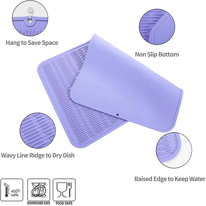 MicoYang Silicone Dish Drying Mat for Multiple Usage,Easy clean,Eco-friendly,Heat-resistant Silicone Mat for Kitchen Counter or Sink,Refrigerator or Drawer Liner Light Purple 4XL 32 inches x 18 inches