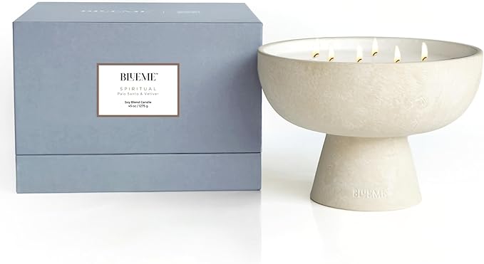 Blueme Spiritual Candle | Palo Santo & Vetiver | 6 Wick - Refillable Wellness Candle with Essential Oils, Hand Finished & Poured Soy Wax Blend Ceramic Vessel, Natural Cotton Wicks | Giant 45 oz
