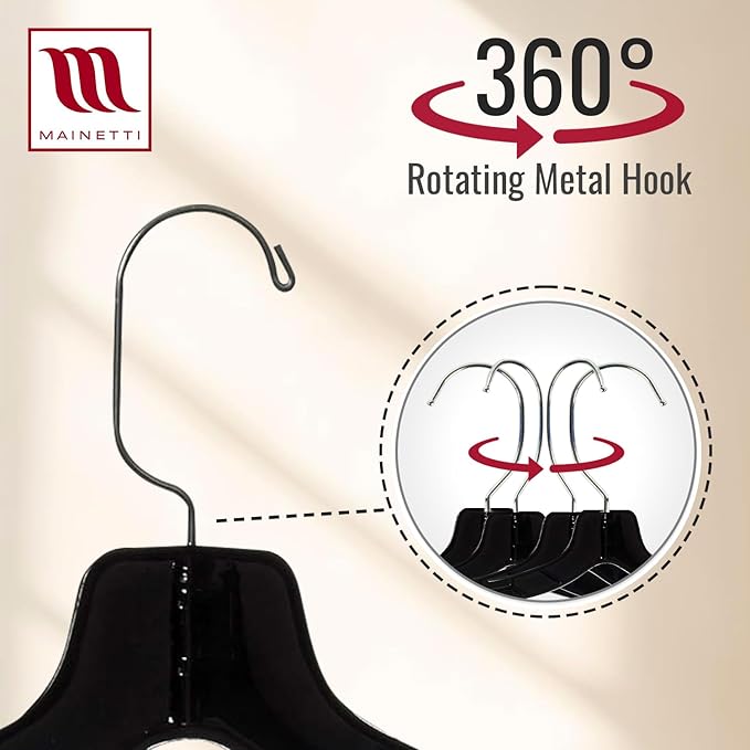 Mainetti 5400 Black Plastic Hangers - 50 Pack with 360 Swivel Metal Hook and Notches for Straps, Great for Shirts/Tops/Dresses/Jackets, 17-Inch