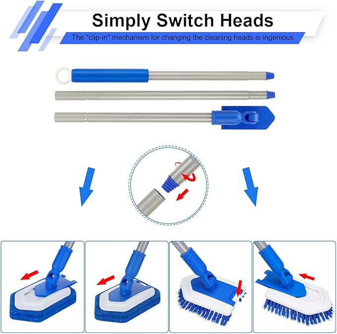 Lalafancy Bathroom Scrubber with Extendable Long Handle 50'' -3-in-1 Tub and Tile Cleaning Brush Interchangeable Head Attachment Shower Scrubber for Cleaning Bathroom Shower Bathtub Floor