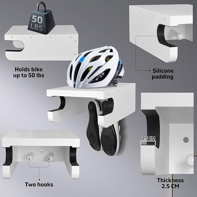 Wooden Bike Wall Mount Rack with Shelf and Hooks for Home, Space-Saving Indoor Horizontal Bike Storage Rack for Garage, Wood Wall Mounted Bike Hangers for Single Road, Mountain Bicycle