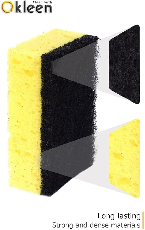 Okleen Yellow Multi Use Scrub Sponge. Made in Europe. 9 Pack, 4.3x2.8x1.4 inches. Odorless Heavy Duty and Non Scratch Fiber. Durable and Delicate Scrubber for Hard Dirty Surfaces in Daily Cleaning