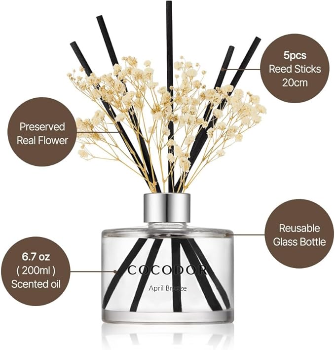 COCODOR Flower Reed Diffuser Set / 6.7oz / Gardenia/Scent Diffuser with Sticks Home Fragrance Reed Diffuser for Bathroom Shelf Decor for Women