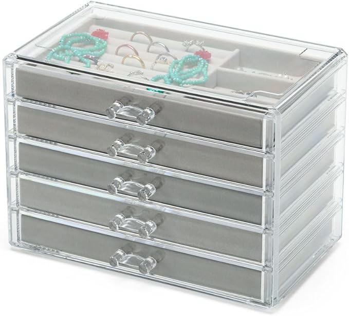 Necklace Organizer Box, Tray with 5 Drawers, Dustproof Velvet Storage Holder Display Case, Jewelry Box for Pendants, Suitable for Women and Girls (Grey)