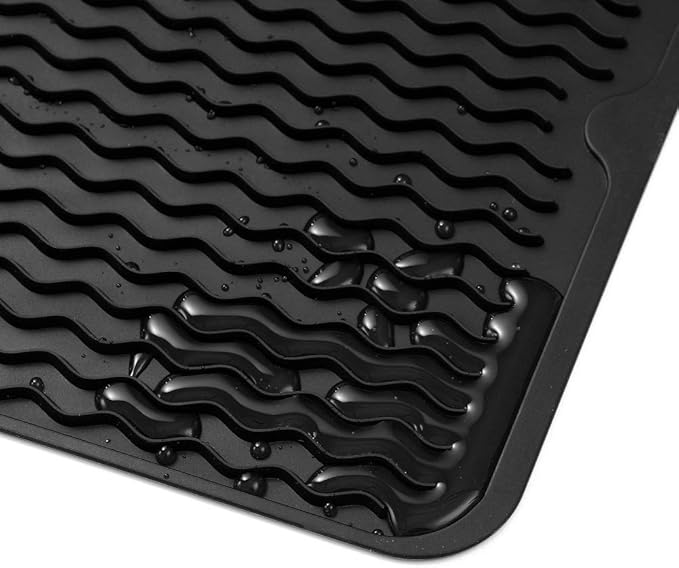 MicoYang Silicone Dish Drying Mat for Multiple Usage,Easy clean,Eco-friendly,Heat-resistant Silicone Mat for Kitchen Counter or Sink,Refrigerator or drawer liner Black L 16 inches x 12 inches
