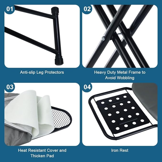 Ironing Board Full Size, Heat Resistant Cover Iron Board with Steam Rest, Ultra Thick Padding, Height Adjustable Heavy Sturdy Metal Frame Legs Ironing Stand,Non-Slip Foldable (58"x15", Square Rest)