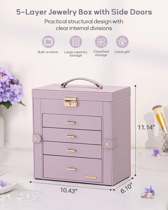 Homde Christmas Gifts Synthetic Leather Huge Jewelry Box Mirrored Watch Organizer Necklace Ring Earring Storage Lockable Gift Case (Grey Purple + Gold)