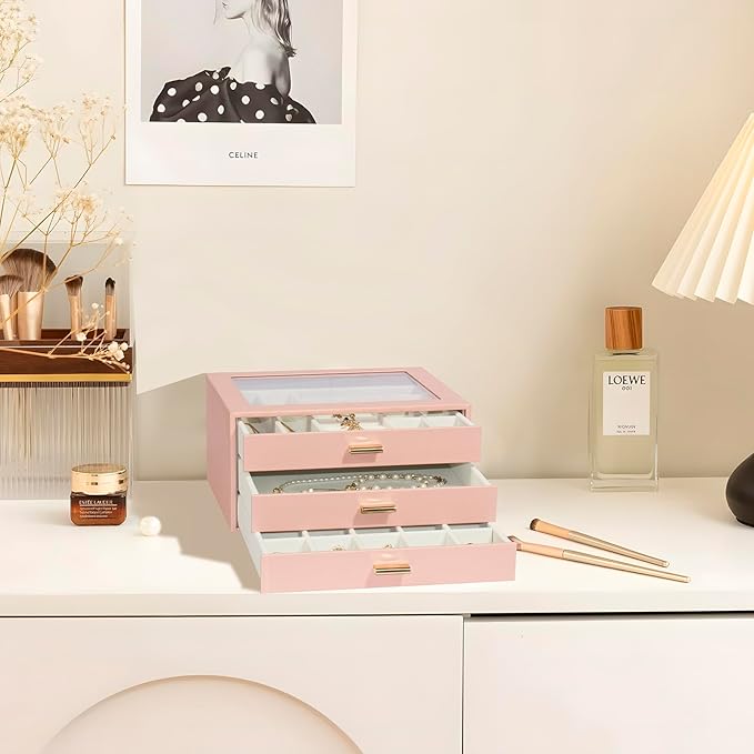 Jewelry Box Organizer with 3 Drawers,Glass Lid Jewelry Boxes for Women,Jewelry Storage for Rings,Necklaces,Earrings,Bracelets,Interesting Gift,Pink