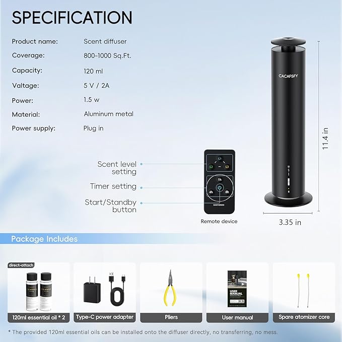 The CACAFSFY Waterless Scent Diffuser Starter Kit -Include 2x120ml Essential Oils,Suitable for Home and Hotel Series Air Diffuser, 1000 Square Inches of Coverage,Remote Control-Hotel Scent Diffuser