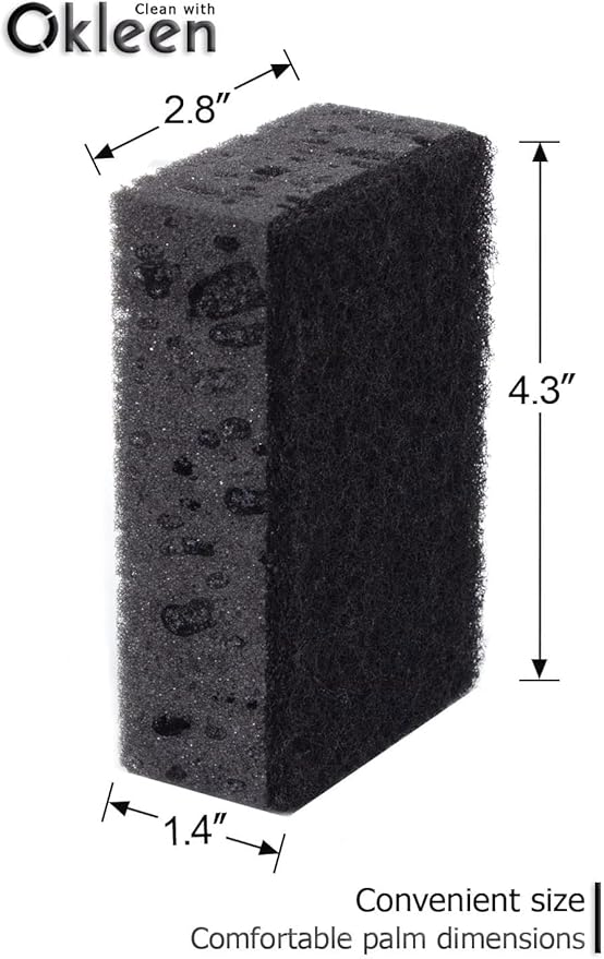 Okleen Black Multi Use Scrub Sponges. Made in Europe. 18 Pack, 4.3x2.8x1.4 inches. Heavy Duty Fiber. Odorless Durable Scrubber for Kitchen and Household Cleaning
