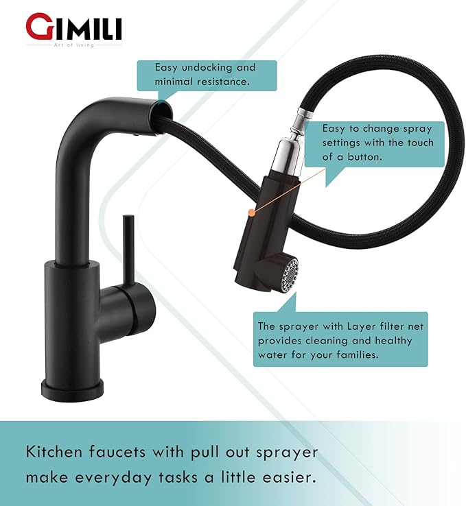 GIMILI Modern Bar Sink Faucet for Kitchen Sink Single Handle with Pull Out Sprayer Hot and Cold Prep Sink Faucet Matte Black