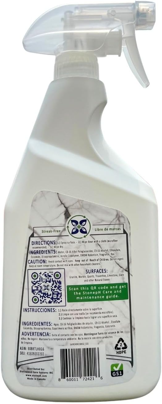 STONE PH Countertop Cleaner Spray - Daily Granite Cleaner Spray - Stone Cleaner- Ph Neutral Formula For Kitchen & Home Cleaning Surfaces Marble, Quartz, Lemon, (25 Fl. Oz)