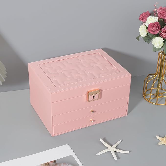 DesignSter Jewelry Box, Jewelry Organizer with 2 Drawers, 3 Layers Leather Jewelry Storage Box with Lock, Jewelry Storage Case for Necklaces Earrings Bracelets and Rings（Pink）