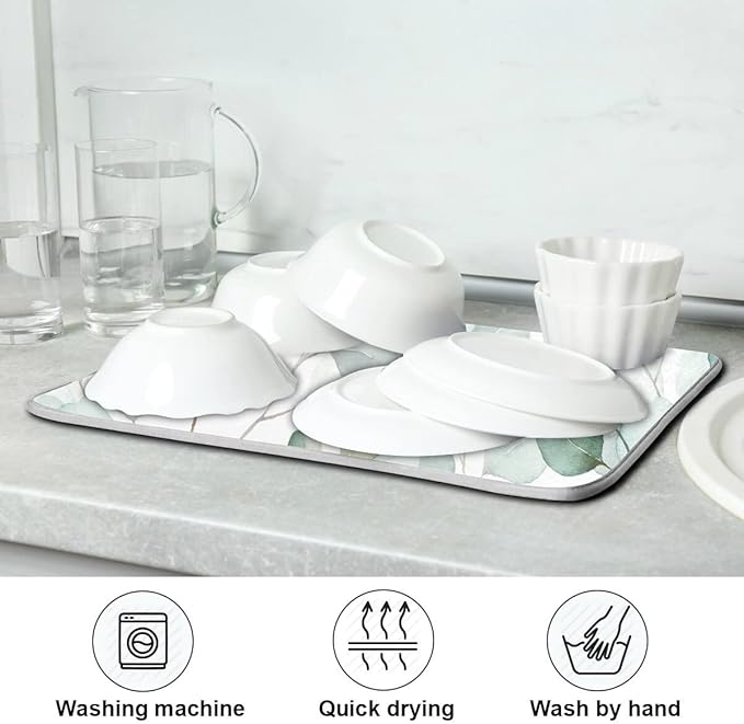 Green Leaves Dish Drying Mat 18x24 for Kitchen Counter Watercolor Herbs Women Pioneer Kitchen Drying Mats Dishes Pad Absorbent Fast Dry Dish Draining Mats Large Kitchen Accessories